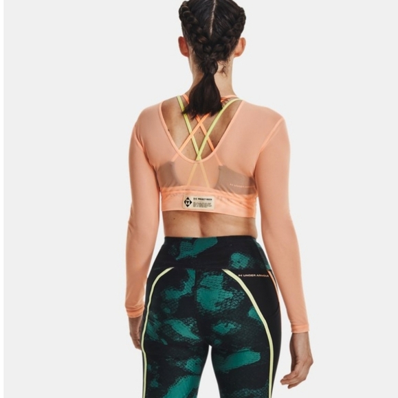 UNDER ARMOUR Project Rock Peach Horizon Black Orange Sheer Mesh crop top size XS - Picture 2 of 10